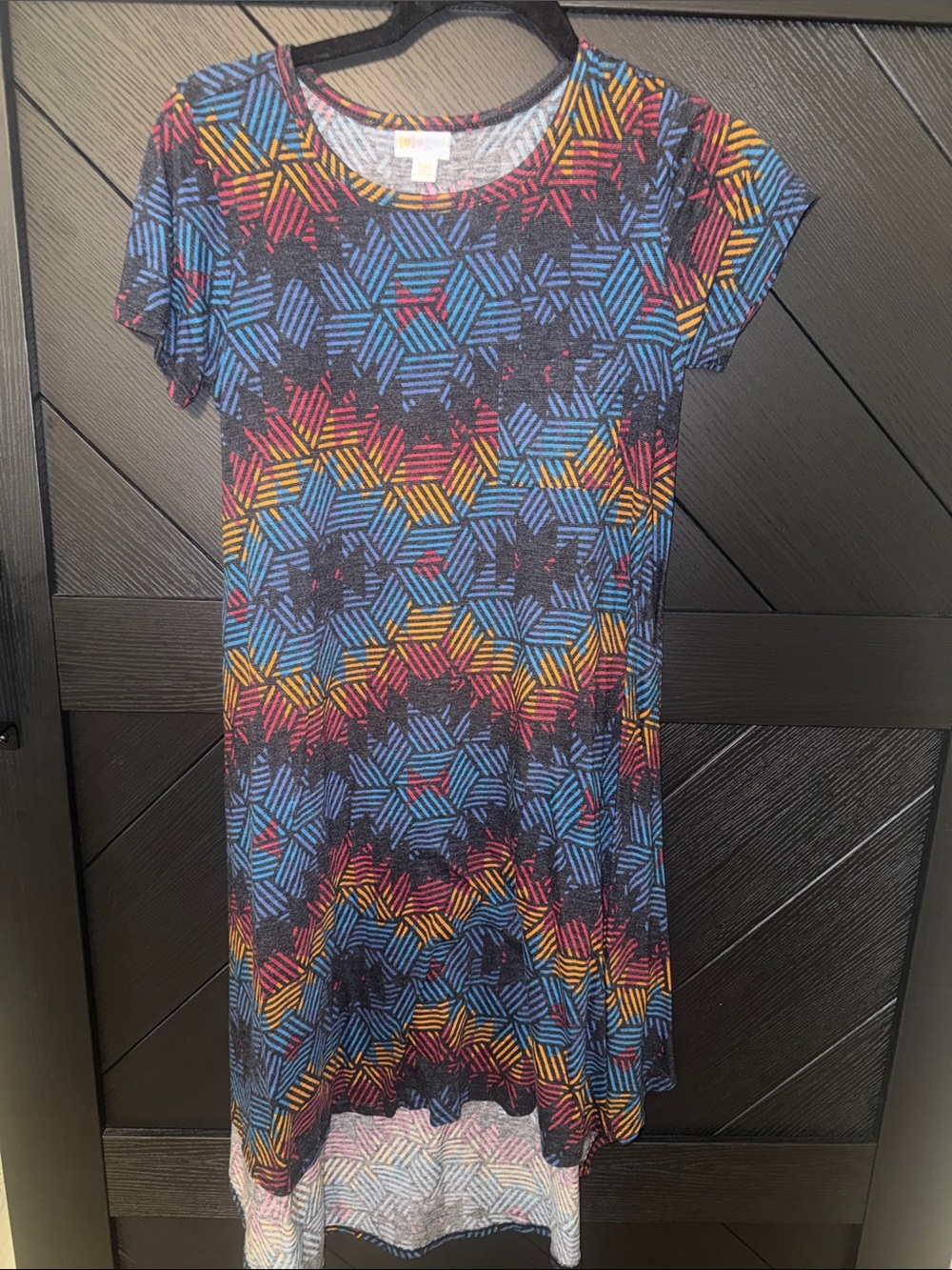 LuLaRoe Geometric Pattern Short Sleeve Dress in Blue, Red & Yellow